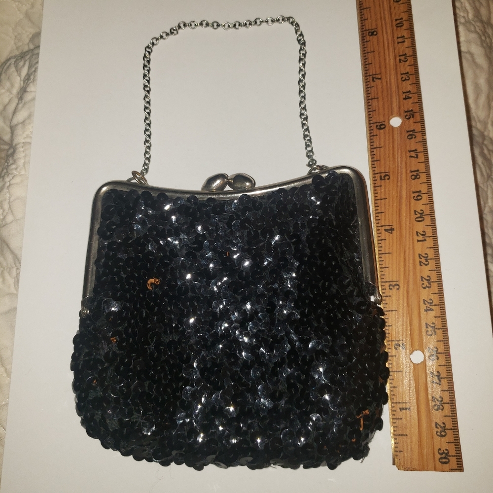 Vintage Black Sequined Mini Bag with Silver Closure